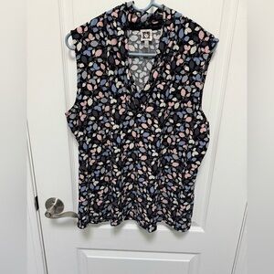Anne Klein Black Floral Blouse with Pink& Blue Accents,Sleeveless,Multi-Seasonal